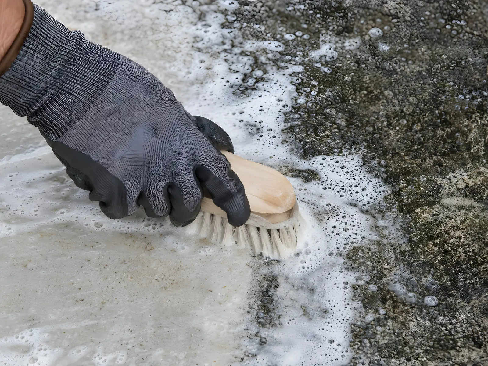 Main gantée qui frotte à la brosse une dalle noircie sous une mousse blanche, la partie déjà propre à côté