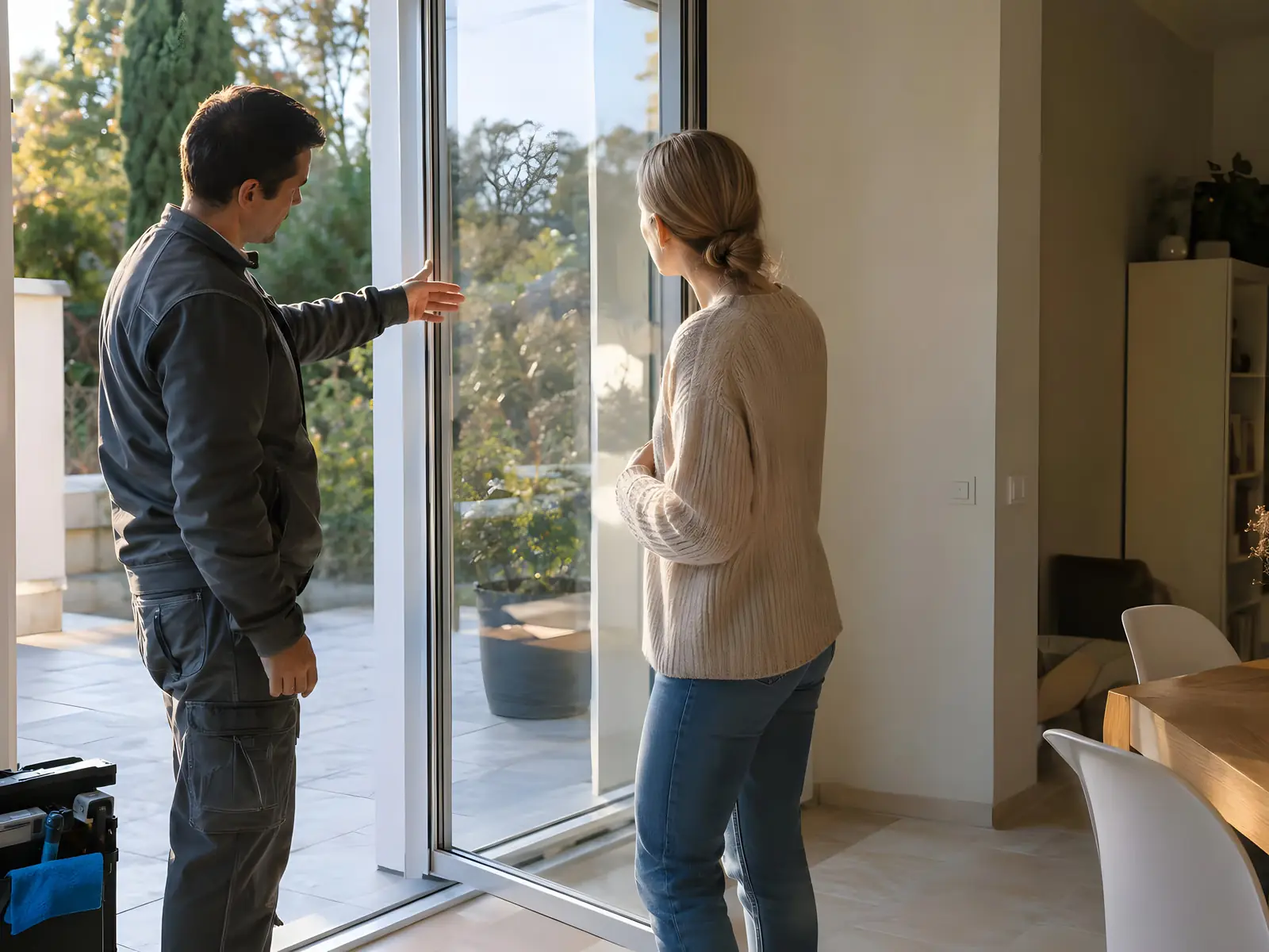 Intervenant qui montre la terrasse propre à une cliente, devant une porte-fenêtre grande ouverte au soleil