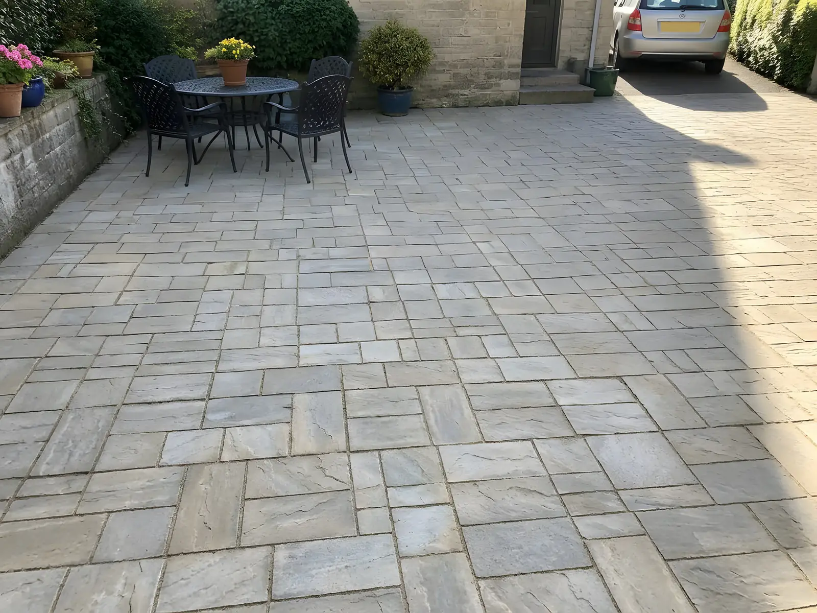 La même cour aux dalles grises et beiges propres, joints nets, même salon de jardin et mêmes pots de fleurs