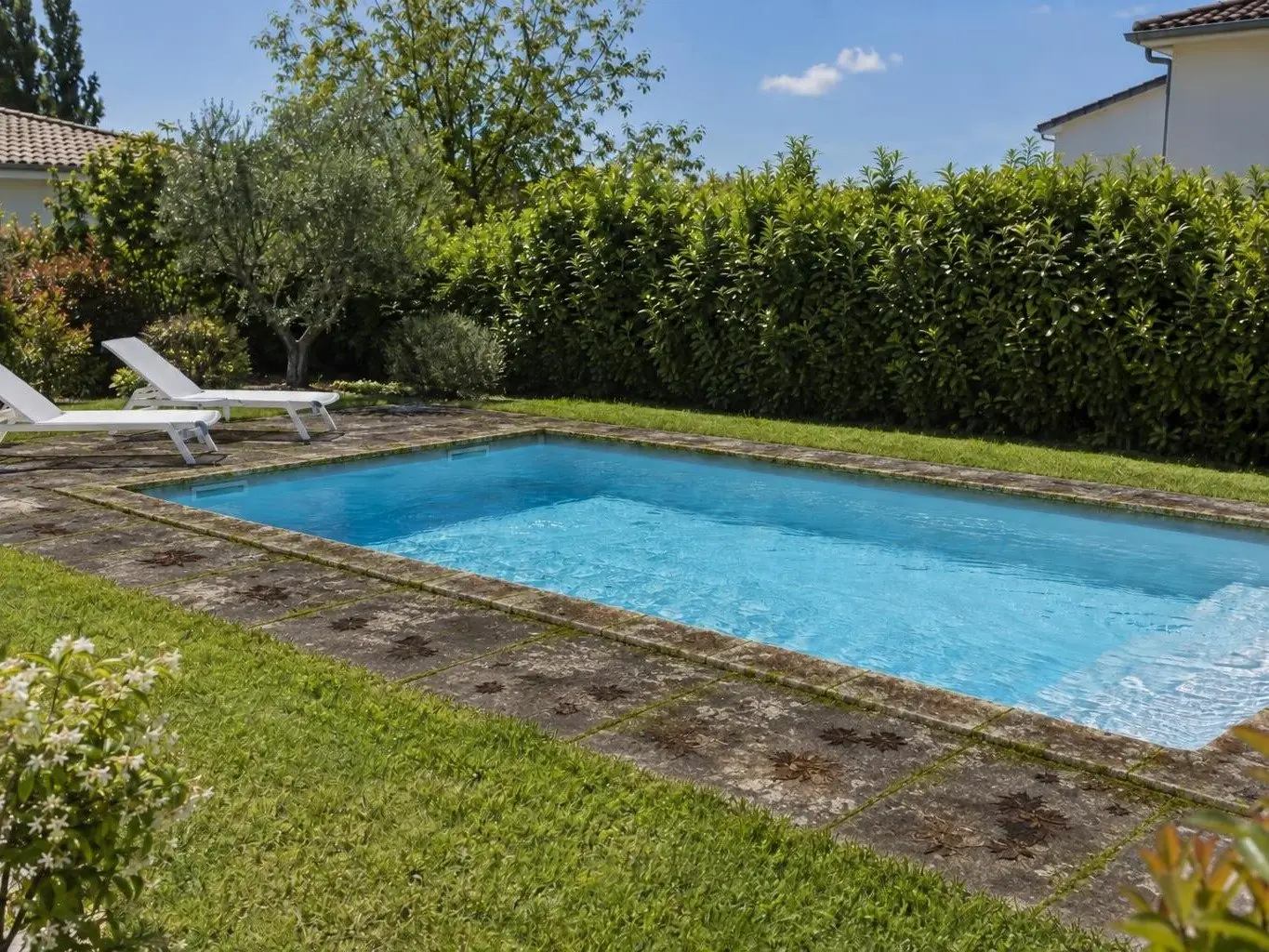 Tour de piscine en dalles grisâtres tachées de vert et d’auréoles de feuilles, bains de soleil devant une haie