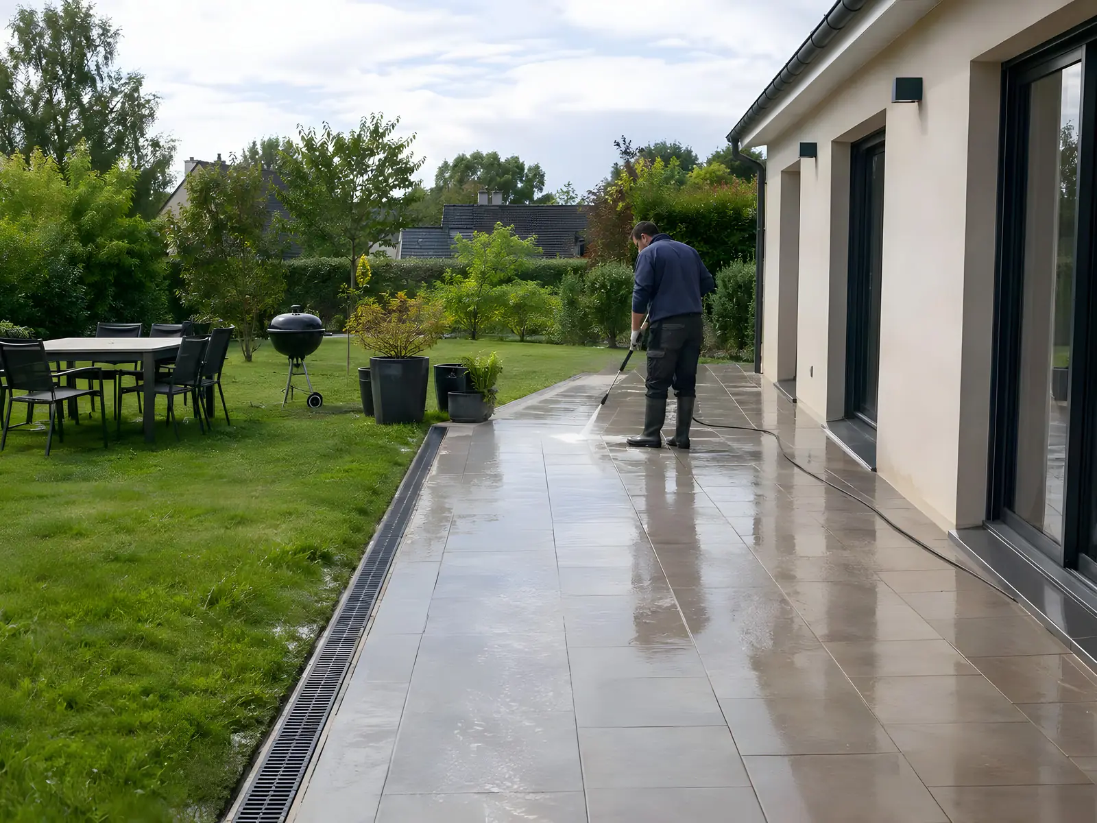 Ouvrier qui lave au jet haute pression une terrasse carrelée le long d’une maison, mobilier sur la pelouse