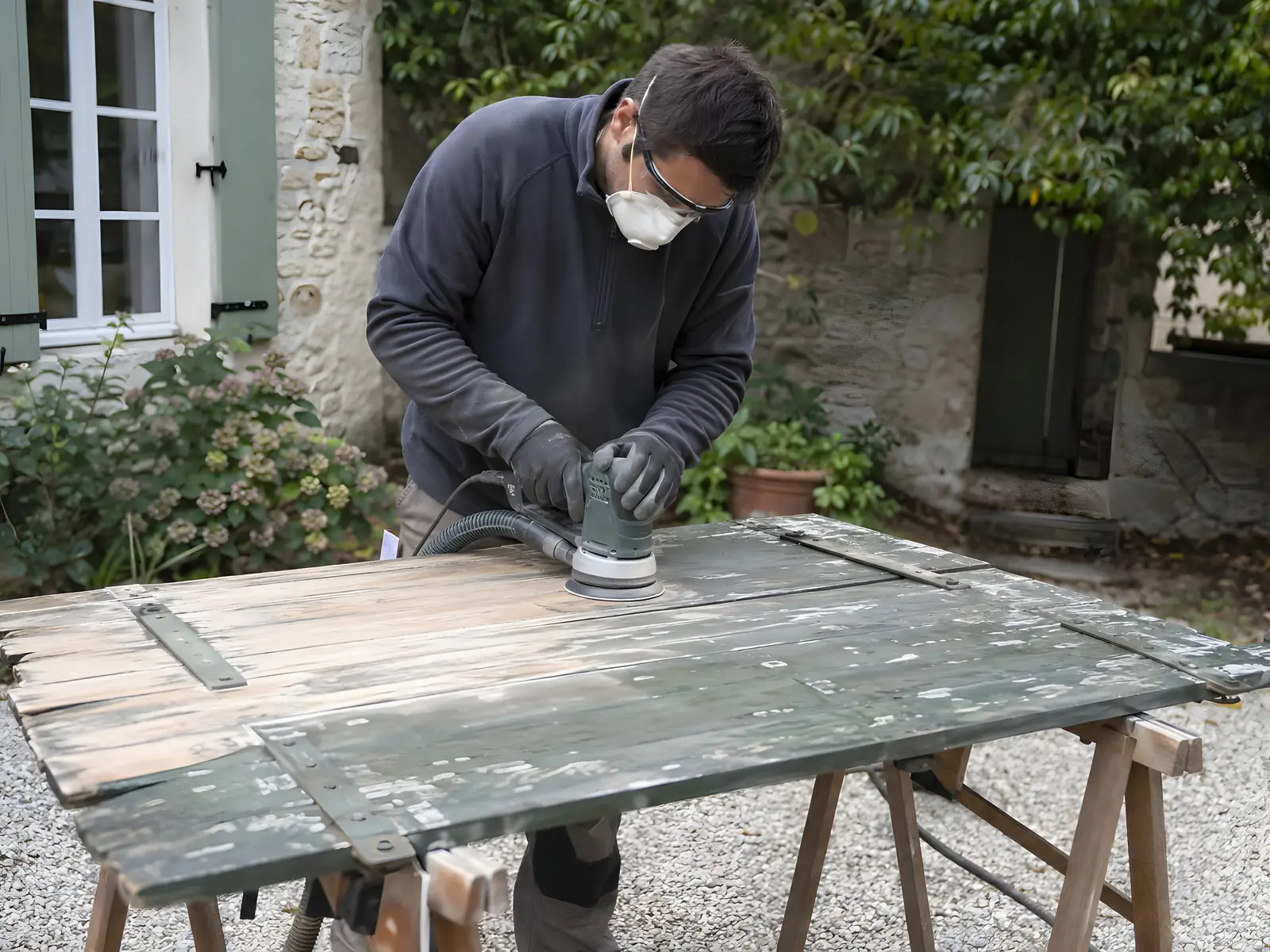 Peintre masqué qui ponce à la ponceuse orbitale un vieux volet en bois vert écaillé posé sur des tréteaux dans la cour