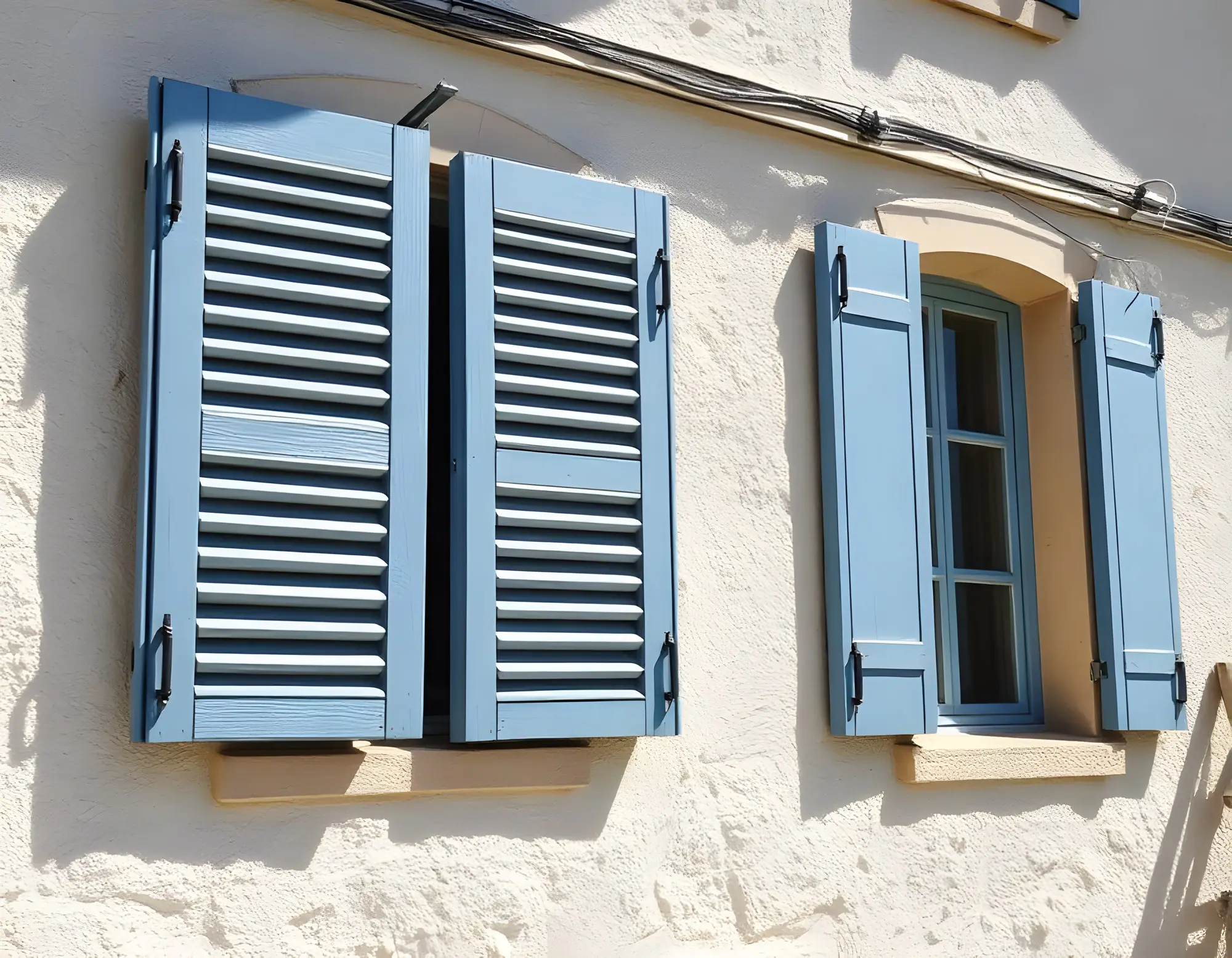 Volets persiennés en bois repeints en bleu sur une façade crépie, sous un soleil franc