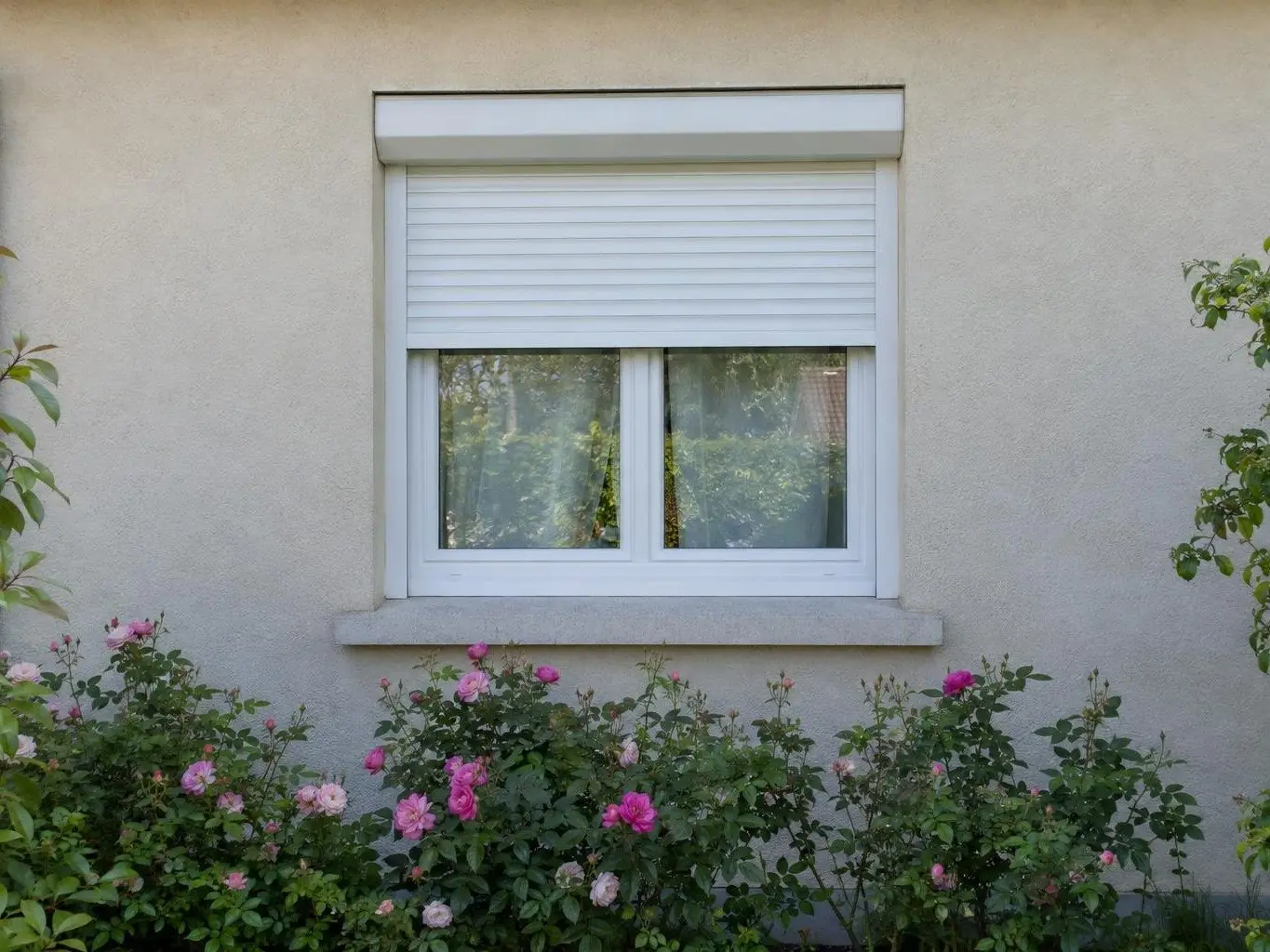 Fenêtre en PVC blanc sur façade crépie beige, volet roulant blanc à lames bien droites, massif de rosiers au pied