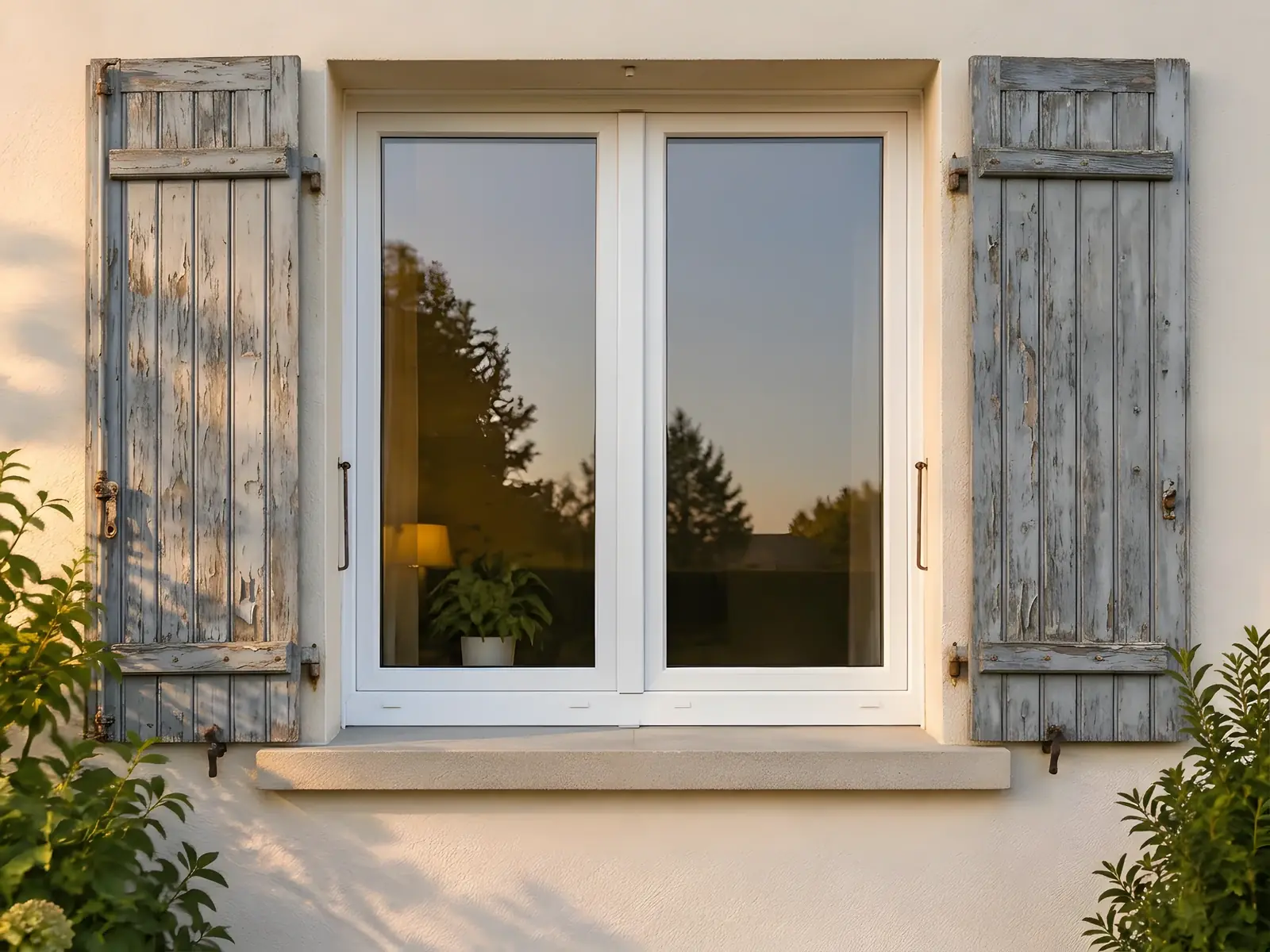 Fenêtre blanche entre deux vieux volets battants en bois gris à la peinture écaillée