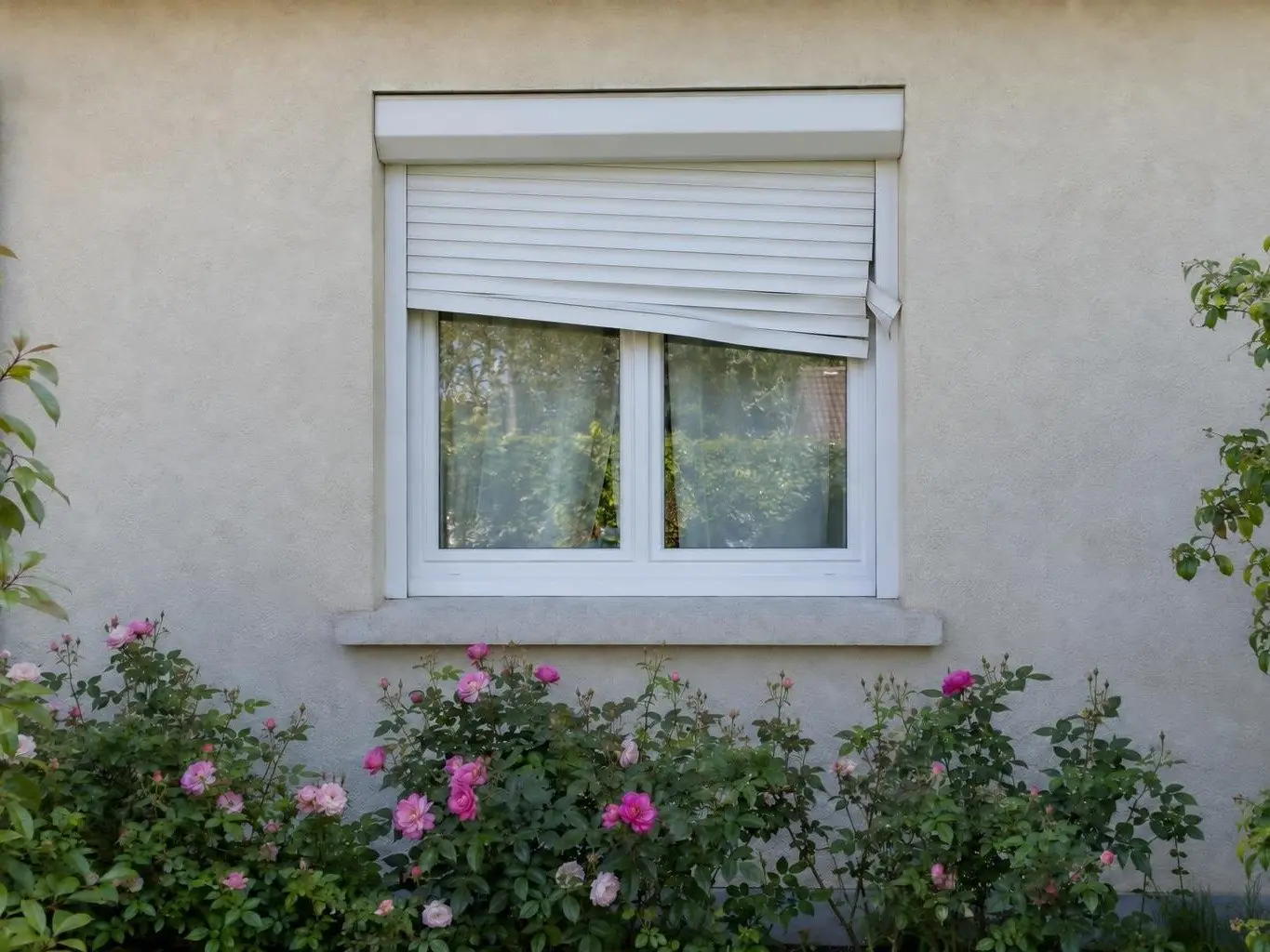 Fenêtre en PVC blanc sur façade crépie beige, volet roulant bloqué de travers, lame sortie de sa coulisse, rosiers