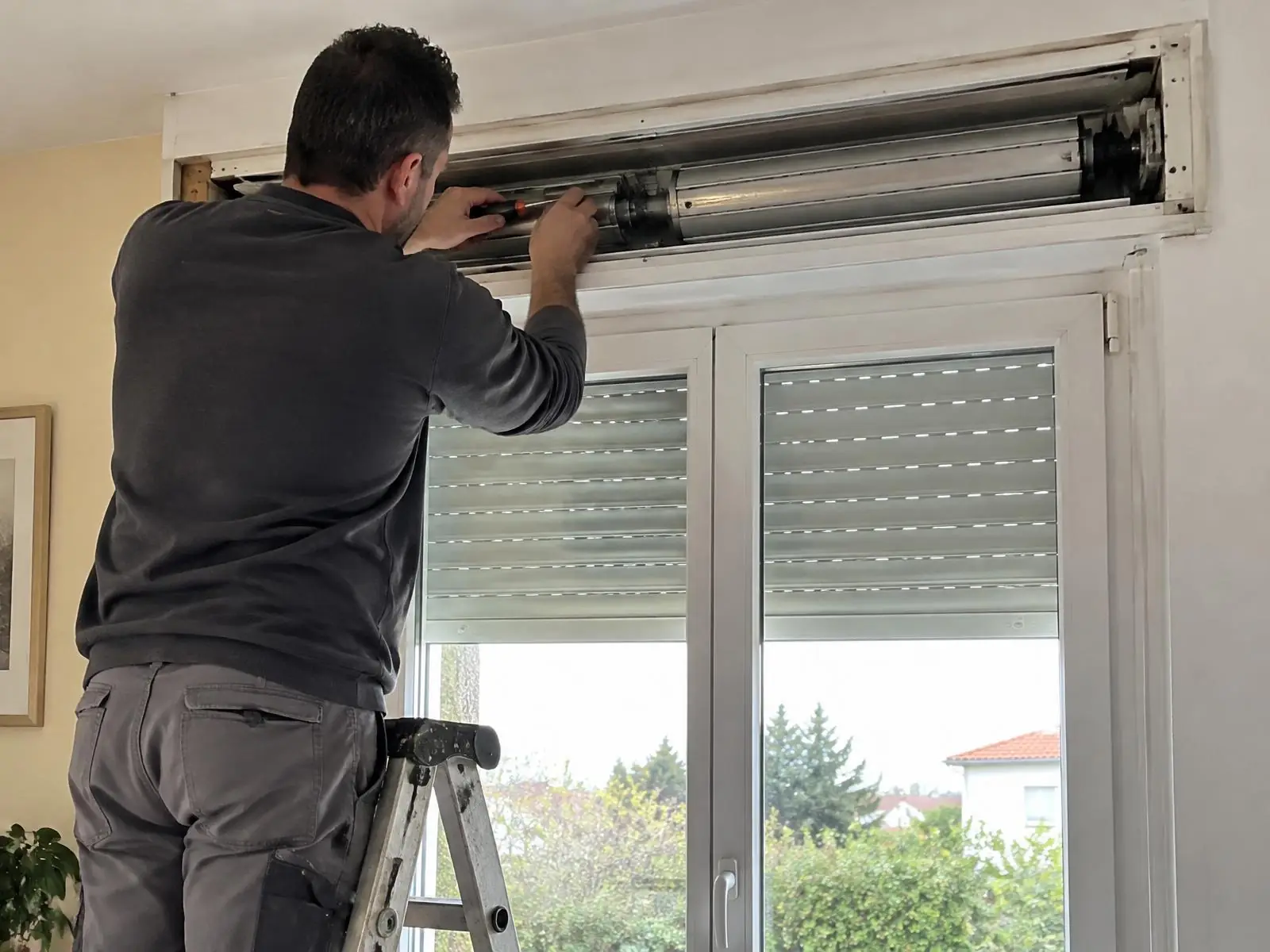Artisan sur un escabeau, les mains dans le coffre ouvert du volet roulant d’une porte-fenêtre