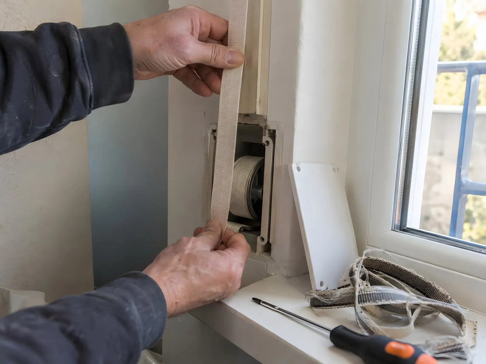 Mains d’un artisan qui glissent une sangle neuve dans l’enrouleur d’un volet roulant, l’ancienne usée sur l’appui