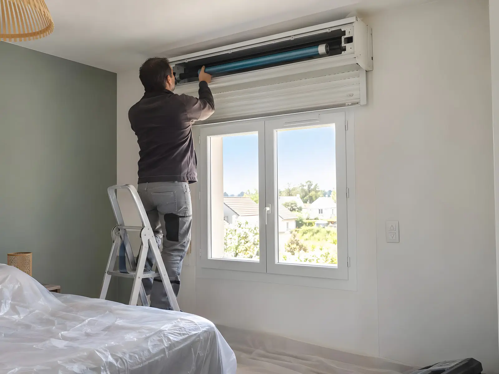 Artisan sur un escabeau qui intervient dans le coffre ouvert d’un volet roulant au-dessus d’une fenêtre blanche de chambre
