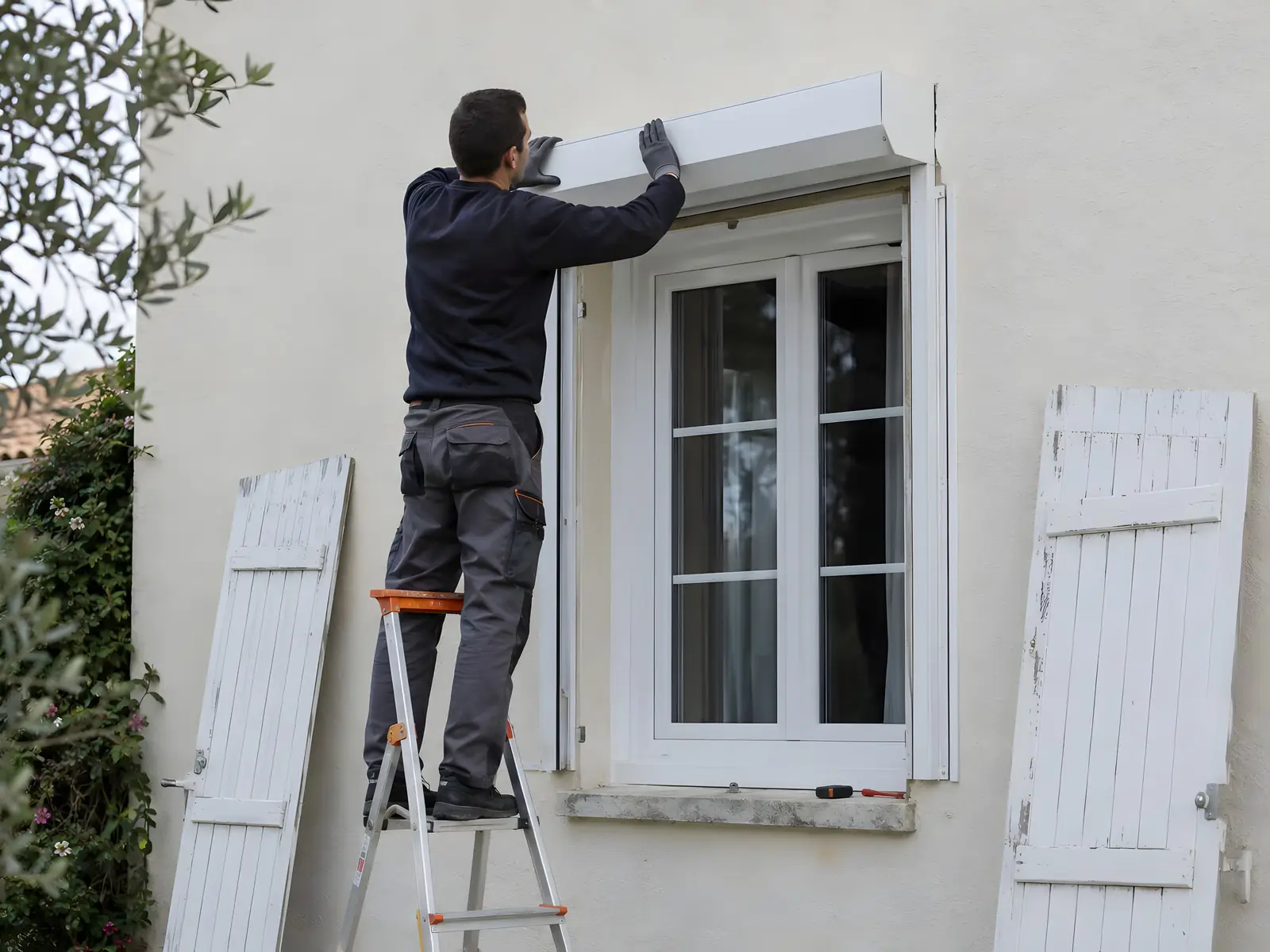 Artisan sur un escabeau qui fixe un coffre de volet roulant blanc au-dessus d’une fenêtre, vieux volets au mur