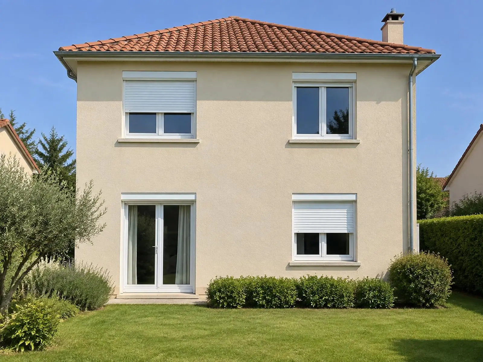 Maison enduite beige aux volets roulants blancs, coffres posés au-dessus des fenêtres, deux volets à moitié baissés