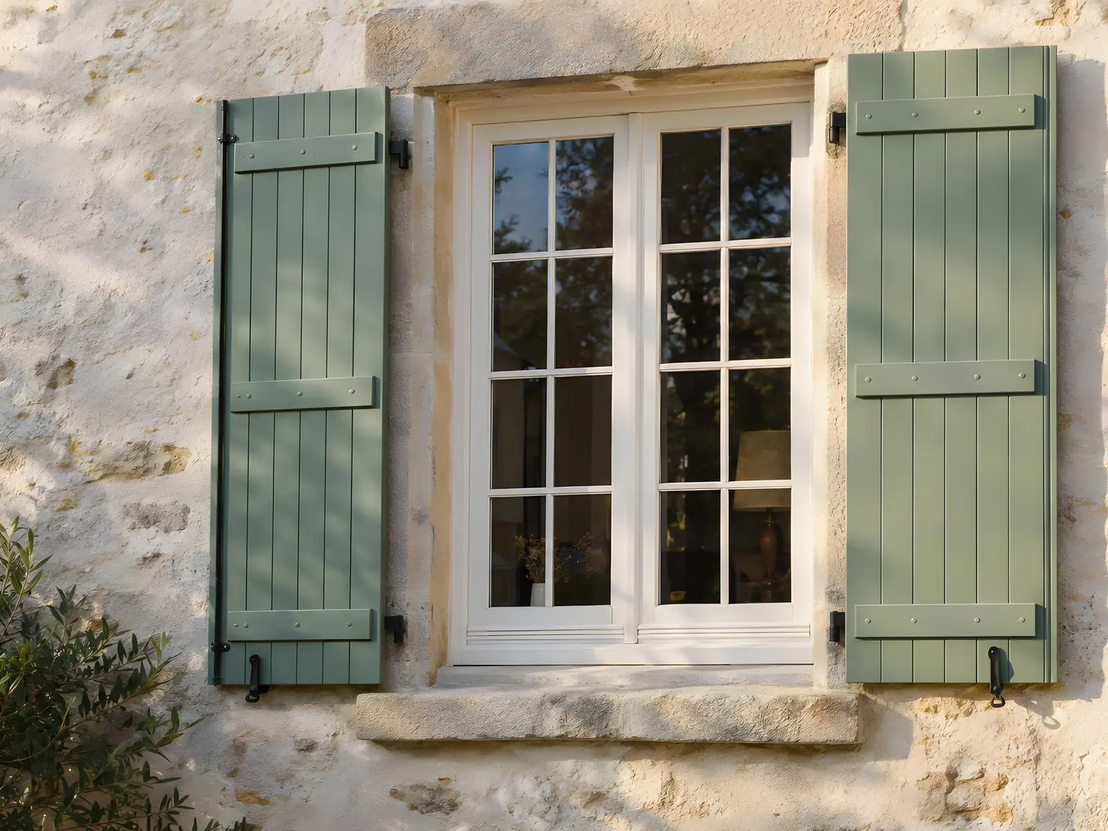Fenêtre blanche à deux battants et petits bois, encadrée de volets en bois vert sauge, sur un mur en pierre claire