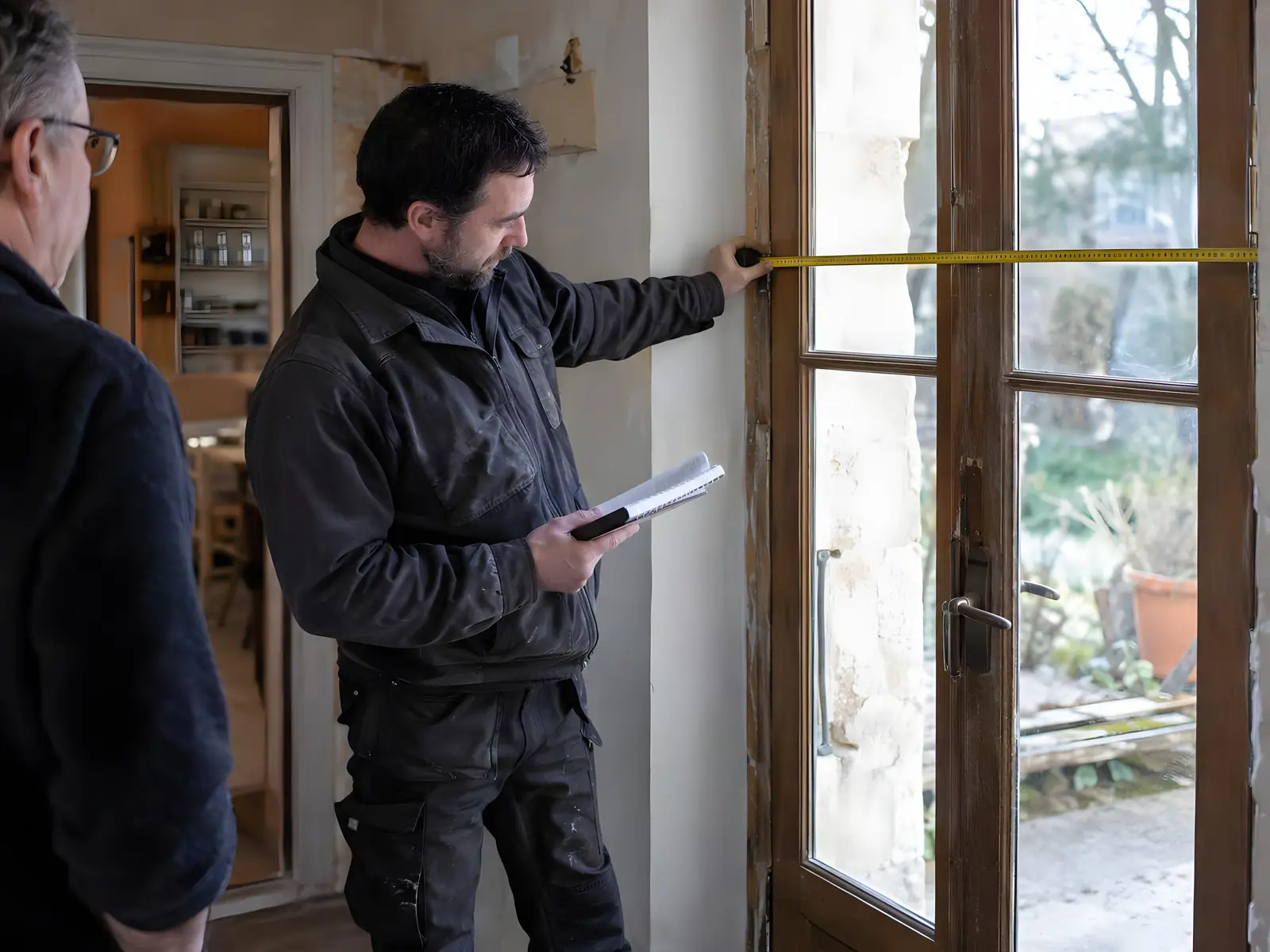 Menuisier qui mesure au mètre ruban une porte-fenêtre en bois, carnet en main, sous le regard du propriétaire