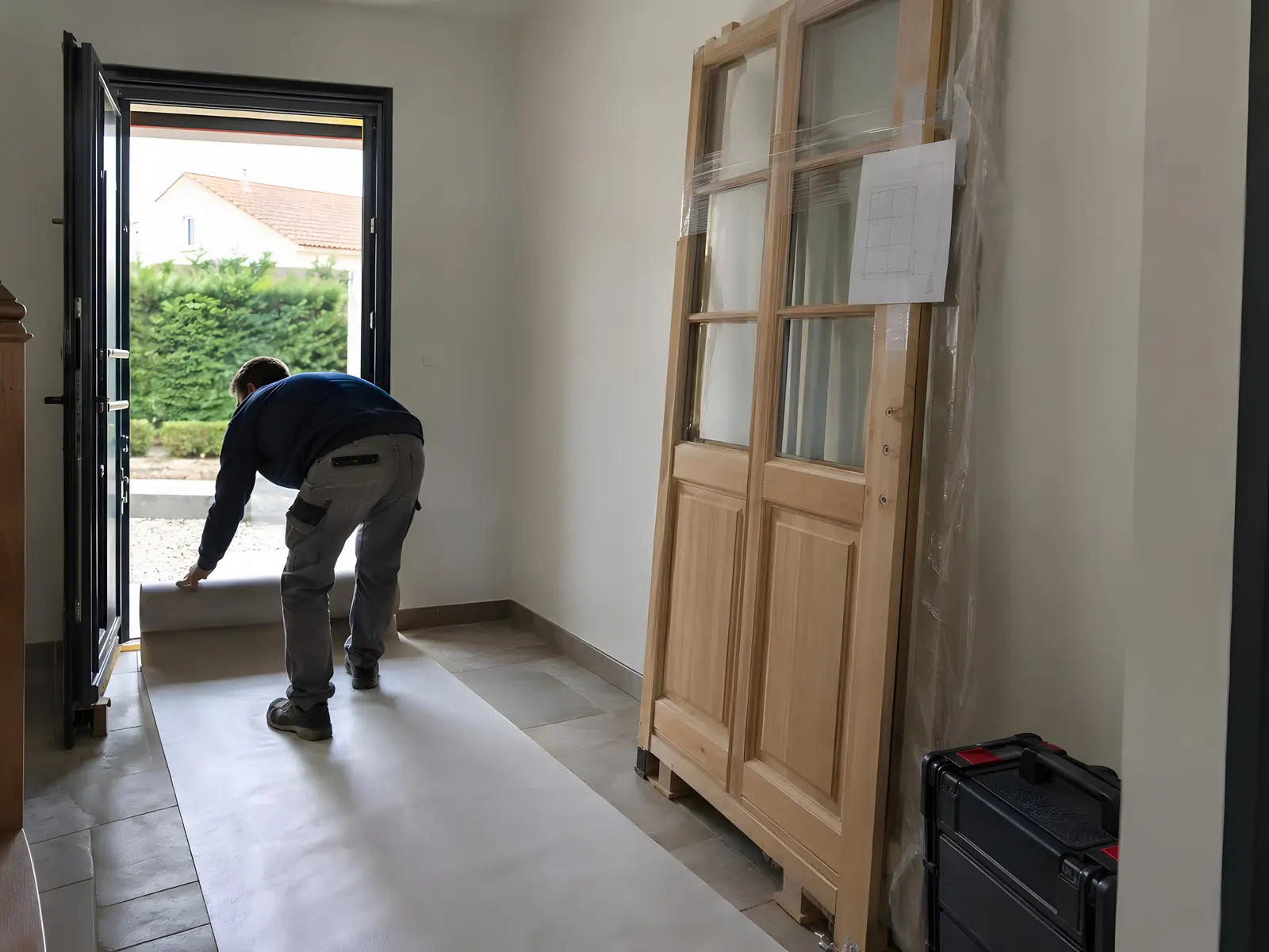 Menuisier penché qui déroule une protection au sol dans une entrée, une porte-fenêtre en bois neuve emballée contre le mur