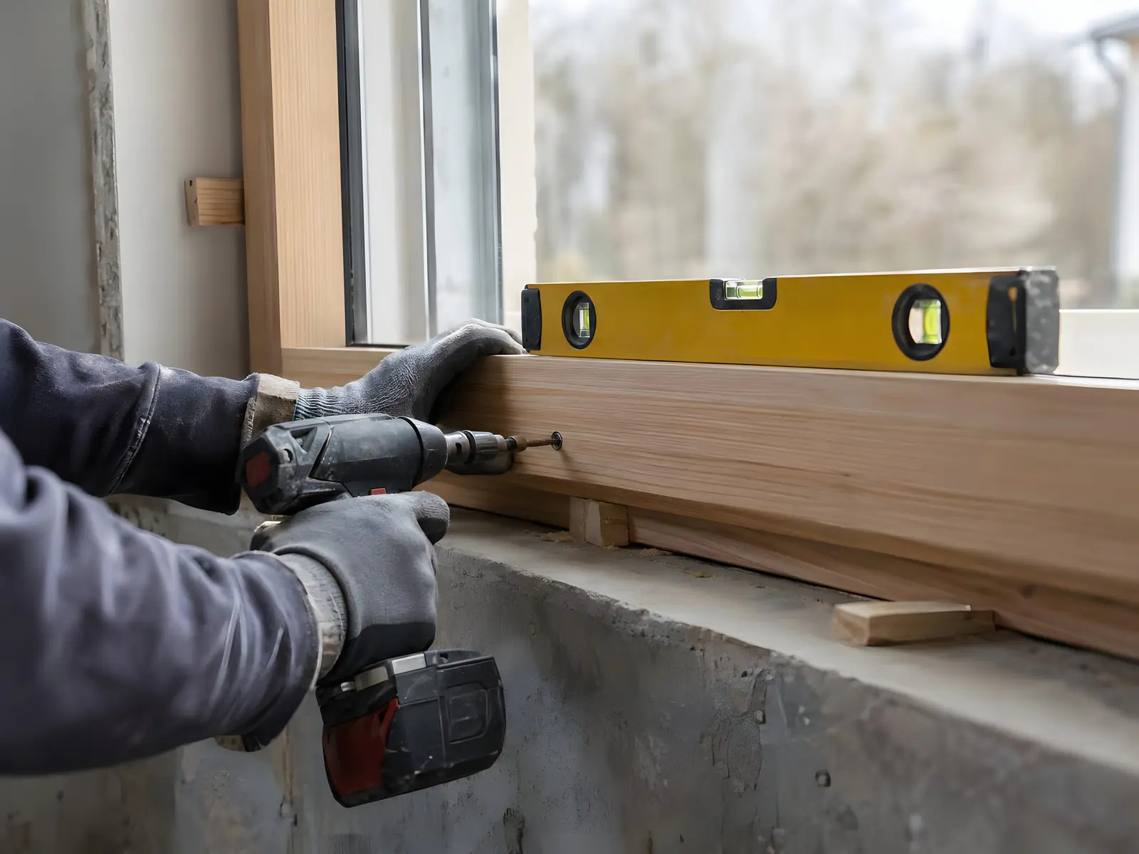 Mains gantées qui vissent à la perceuse le cadre d’une fenêtre en bois clair, un niveau à bulle jaune posé sur la traverse