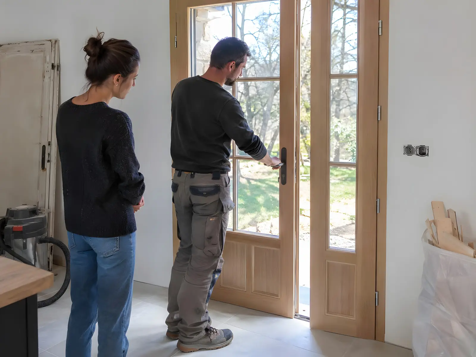 Menuisier qui manœuvre la poignée d’une porte-fenêtre en bois clair neuve devant la propriétaire qui regarde