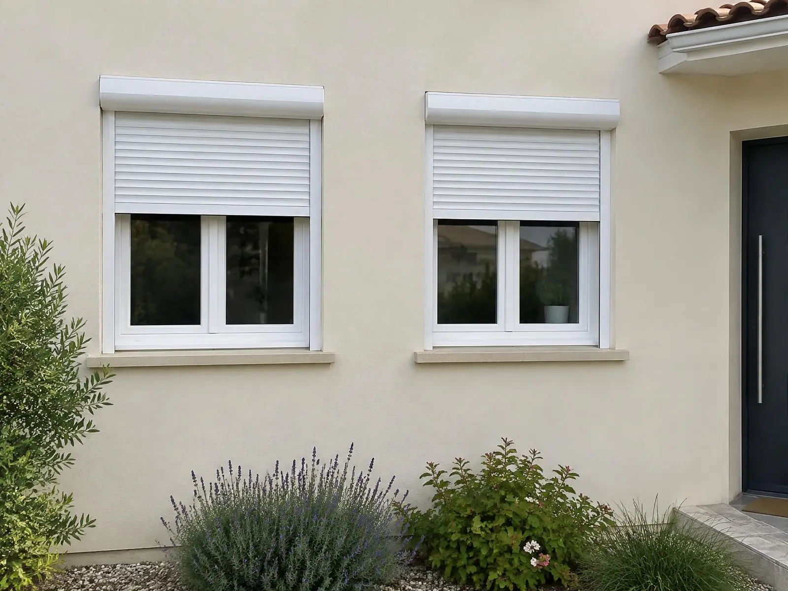 Deux fenêtres PVC blanches avec leurs volets roulants sur une façade enduite claire, lavande au pied du mur
